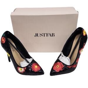 JustFab Black Sequin Red Floral Embroidered Pointed Toe Stiletto High Heels 6
